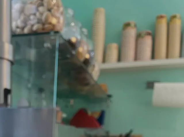 Blick über den Tresen auf die Eisvitrine und die Waffelhörnchen im Regal.