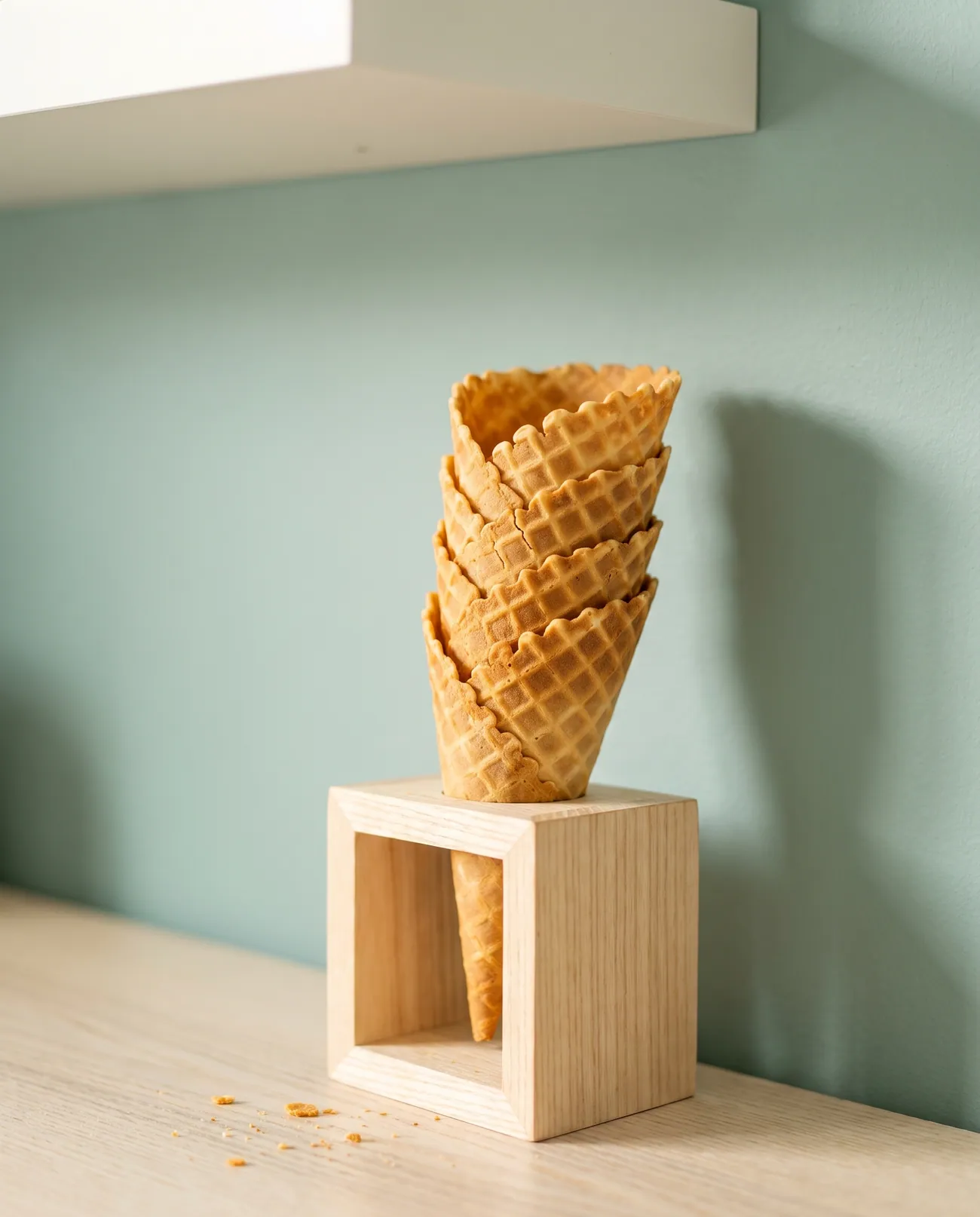 Frisch gebackene Waffelhörnchen in einem Holzständer vor einer mintgrünen Wand.